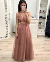New A Line V Neck Beading Prom Dresses, Long Tulle Prom Dress DMK23